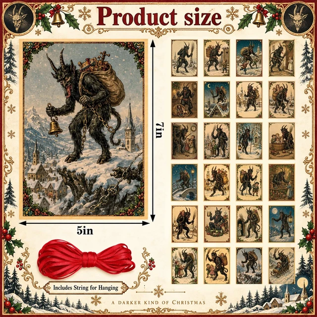 Alt view image 2 of 7 - 24Pcs Krampus Postcard Garland Banner, Double-Sided Gothic Christmas Banner | Cardstock Krampus Hanging Banner with 32.8ft Red Rope for Xmas Party Mantel Wall Decorations, Gothic Holiday Banner