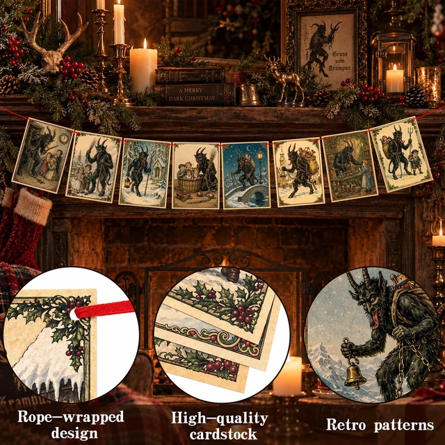Alt view image 3 of 7 - 24Pcs Krampus Postcard Garland Banner, Double-Sided Gothic Christmas Banner | Cardstock Krampus Hanging Banner with 32.8ft Red Rope for Xmas Party Mantel Wall Decorations, Gothic Holiday Banner