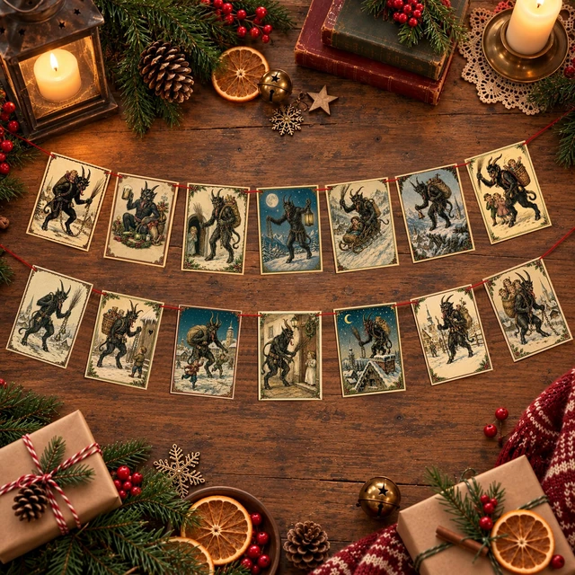 Alt view image 4 of 7 - 24Pcs Krampus Postcard Garland Banner, Double-Sided Gothic Christmas Banner | Cardstock Krampus Hanging Banner with 32.8ft Red Rope for Xmas Party Mantel Wall Decorations, Gothic Holiday Banner