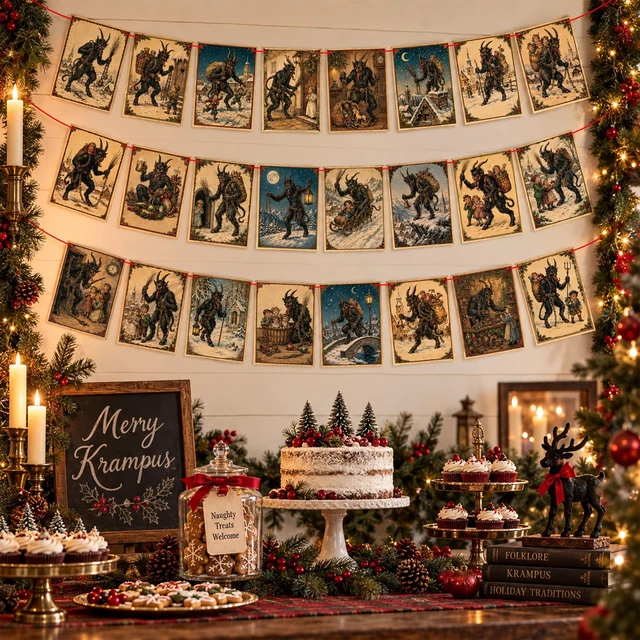 Alt view image 5 of 7 - 24Pcs Krampus Postcard Garland Banner, Double-Sided Gothic Christmas Banner | Cardstock Krampus Hanging Banner with 32.8ft Red Rope for Xmas Party Mantel Wall Decorations, Gothic Holiday Banner