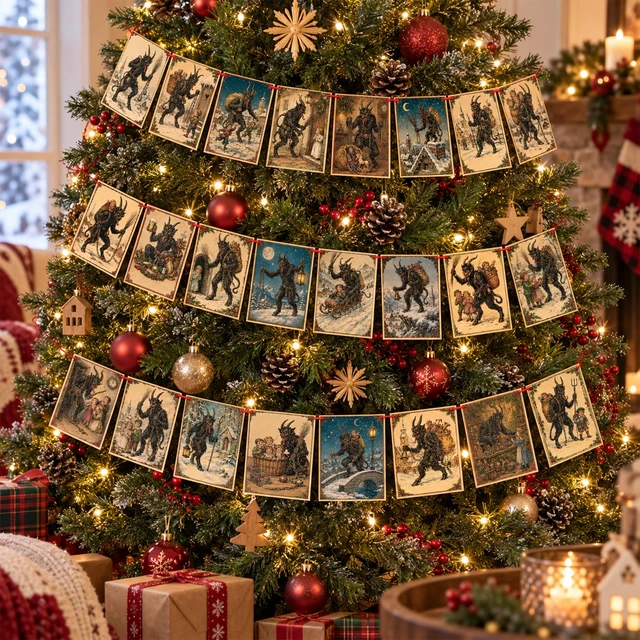 Alt view image 6 of 7 - 24Pcs Krampus Postcard Garland Banner, Double-Sided Gothic Christmas Banner | Cardstock Krampus Hanging Banner with 32.8ft Red Rope for Xmas Party Mantel Wall Decorations, Gothic Holiday Banner