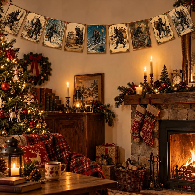 Alt view image 7 of 7 - 24Pcs Krampus Postcard Garland Banner, Double-Sided Gothic Christmas Banner | Cardstock Krampus Hanging Banner with 32.8ft Red Rope for Xmas Party Mantel Wall Decorations, Gothic Holiday Banner