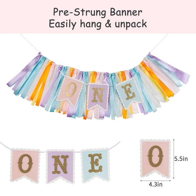 Alt view image 2 of 6 - Rainbow High Chair Banner for 1st Birthday - Pre - Strung | Macaron Color "ONE" Garland with Tulle for Baby Girl Smash Cake Photo, First Birthday Party Decorations