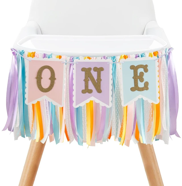 Main image of Rainbow High Chair Banner for 1st Birthday - Pre - Strung | Macaron Color "ONE" Garland with Tulle for Baby Girl Smash Cake Photo, First Birthday Party Decorations