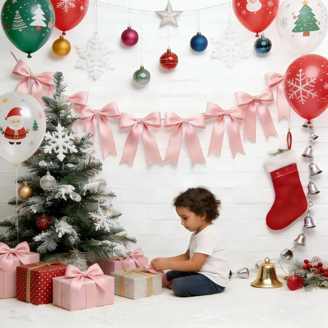 Alt view image 5 of 7 - 1 String Pink Bow Garland Banner Decorations, Pre-Strung Satin Ribbon Bows for Birthday, Baby Shower, Bridal Shower, Coquette Girls Room, Bow Themed Party, Wedding, Christmas Tree Decorations