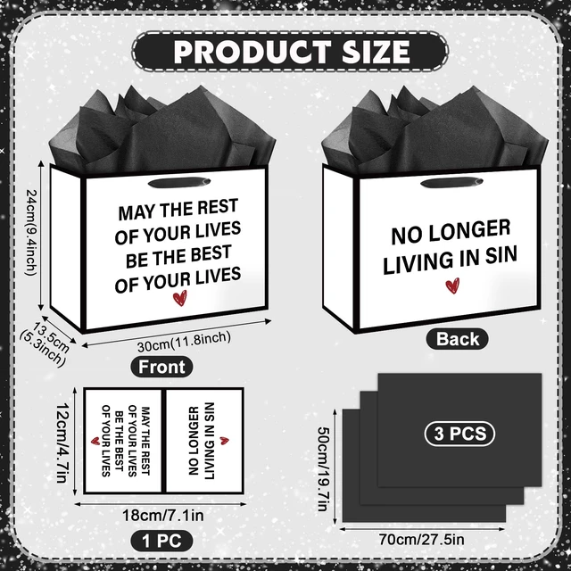 Alt view image 2 of 7 - White Wedding Engagement Gift Bags No Longer Living in Sin with Wrapping Paper and Card Gag Bridal Shower Engagement Marriage Party Favor Bag Decorations Supplies for Bride Groom Newlyweds Couples