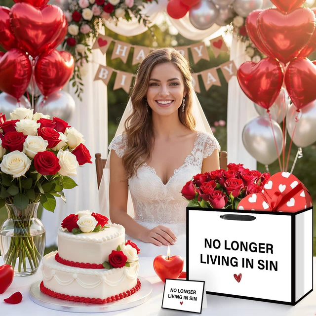 Alt view image 5 of 7 - White Wedding Engagement Gift Bags No Longer Living in Sin with Wrapping Paper and Card Gag Bridal Shower Engagement Marriage Party Favor Bag Decorations Supplies for Bride Groom Newlyweds Couples