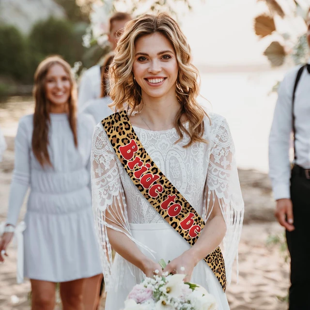 Alt view image 6 of 7 - Leopard Print Bride Sash, Brown Satin "Bride to Be" Sash with Red Letters for Bachelorette Party, Bridal Shower, Wedding Celebration Decorations and Supplies