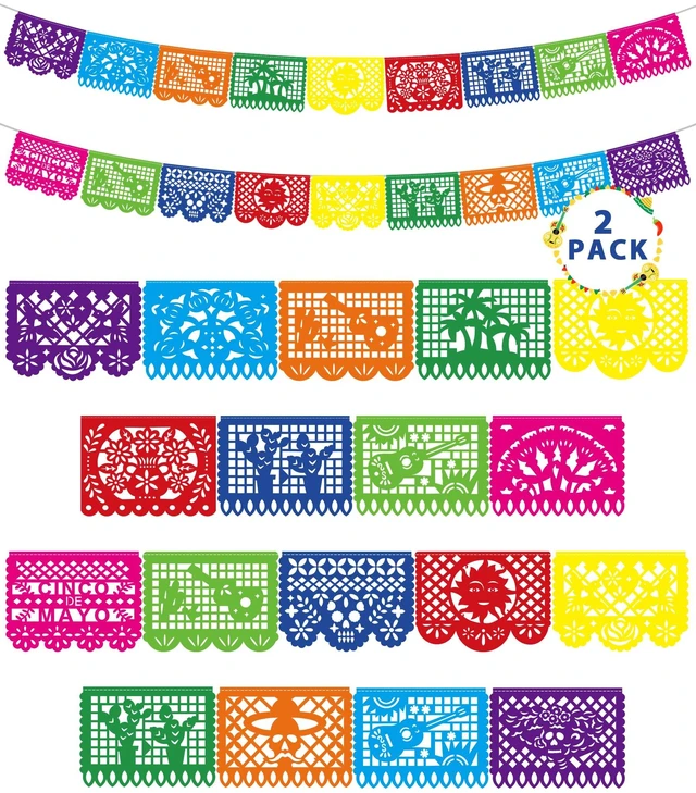 Main image of 36 FT Cinco De Mayo Decorations, 2 Pack Mexican Party Banner, Plastic Fiesta Banner Colorful Papel Picado Hanging Banner String Flags Mexican Theme Party Dia De Los Muertos Day of the Dead Decor