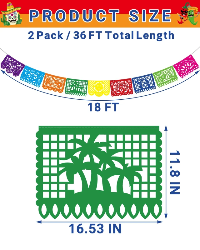 Alt view image 2 of 7 - 36 FT Cinco De Mayo Decorations, 2 Pack Mexican Party Banner, Plastic Fiesta Banner Colorful Papel Picado Hanging Banner String Flags Mexican Theme Party Dia De Los Muertos Day of the Dead Decor