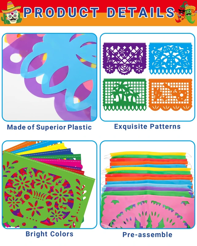 Alt view image 3 of 7 - 36 FT Cinco De Mayo Decorations, 2 Pack Mexican Party Banner, Plastic Fiesta Banner Colorful Papel Picado Hanging Banner String Flags Mexican Theme Party Dia De Los Muertos Day of the Dead Decor