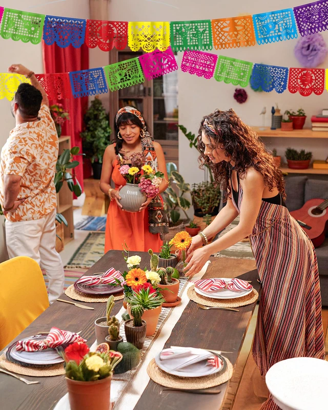 Alt view image 4 of 7 - 36 FT Cinco De Mayo Decorations, 2 Pack Mexican Party Banner, Plastic Fiesta Banner Colorful Papel Picado Hanging Banner String Flags Mexican Theme Party Dia De Los Muertos Day of the Dead Decor