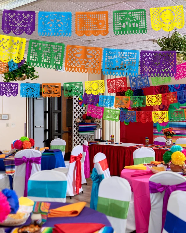 Alt view image 7 of 7 - 36 FT Cinco De Mayo Decorations, 2 Pack Mexican Party Banner, Plastic Fiesta Banner Colorful Papel Picado Hanging Banner String Flags Mexican Theme Party Dia De Los Muertos Day of the Dead Decor