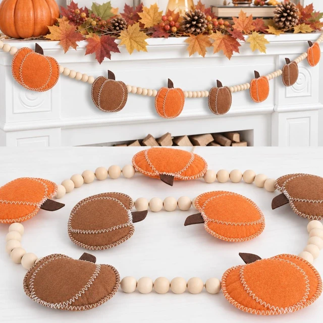 Main image of Orange Felt Pumpkin Garland and Wood Bead Banner Decorations, Bunting Banner Indoor for Thanksgiving Decorations, Pumpkin Banner for Mantle Wall Decor