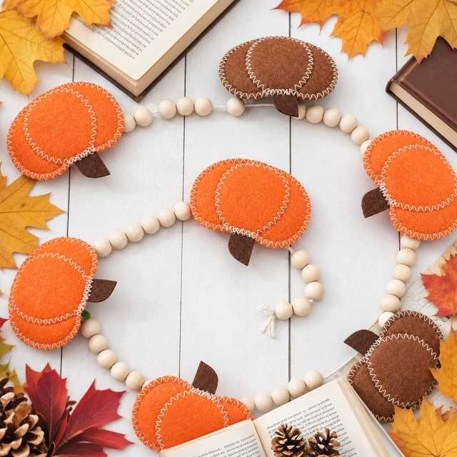 Alt view image 4 of 7 - Orange Felt Pumpkin Garland and Wood Bead Banner Decorations, Bunting Banner Indoor for Thanksgiving Decorations, Pumpkin Banner for Mantle Wall Decor