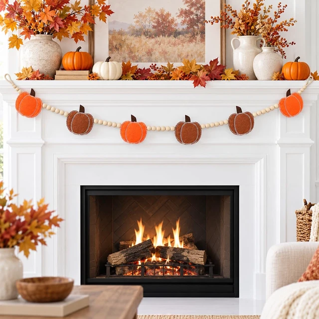 Alt view image 2 of 7 - Orange Felt Pumpkin Garland and Wood Bead Banner Decorations, Bunting Banner Indoor for Thanksgiving Decorations, Pumpkin Banner for Mantle Wall Decor