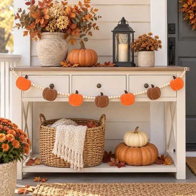 Alt view image 5 of 7 - Orange Felt Pumpkin Garland and Wood Bead Banner Decorations, Bunting Banner Indoor for Thanksgiving Decorations, Pumpkin Banner for Mantle Wall Decor