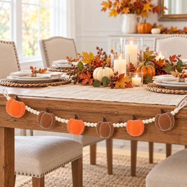 Alt view image 3 of 7 - Orange Felt Pumpkin Garland and Wood Bead Banner Decorations, Bunting Banner Indoor for Thanksgiving Decorations, Pumpkin Banner for Mantle Wall Decor