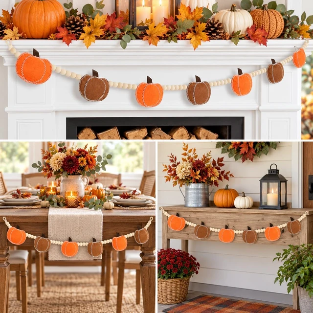 Alt view image 7 of 7 - Orange Felt Pumpkin Garland and Wood Bead Banner Decorations, Bunting Banner Indoor for Thanksgiving Decorations, Pumpkin Banner for Mantle Wall Decor