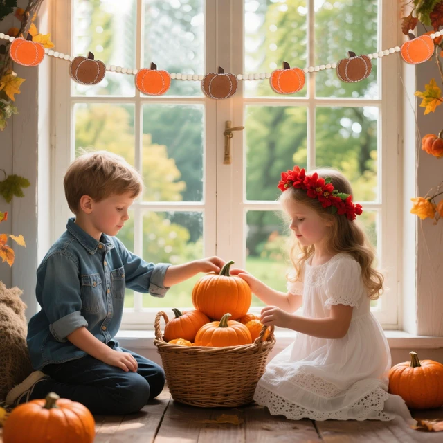 Alt view image 6 of 7 - Orange Felt Pumpkin Garland and Wood Bead Banner Decorations, Bunting Banner Indoor for Thanksgiving Decorations, Pumpkin Banner for Mantle Wall Decor