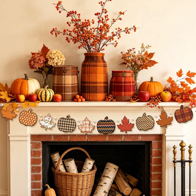 Alt view image 5 of 7 - 6.56 Ft Fall Garland with Wooden Beads Rustic Farmhouse Pumpkin Garland Autumn Hanging Banner Fall Decorations for Home Fall Party Harvest Mantel Wall