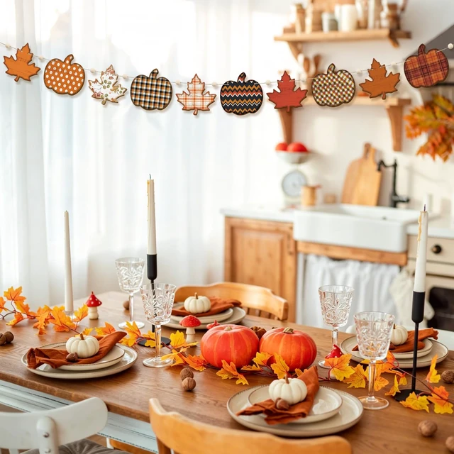 Alt view image 6 of 7 - 6.56 Ft Fall Garland with Wooden Beads Rustic Farmhouse Pumpkin Garland Autumn Hanging Banner Fall Decorations for Home Fall Party Harvest Mantel Wall