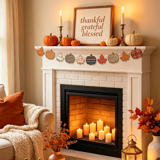 Alt view image 7 of 7 - 6.56 Ft Fall Garland with Wooden Beads Rustic Farmhouse Pumpkin Garland Autumn Hanging Banner Fall Decorations for Home Fall Party Harvest Mantel Wall