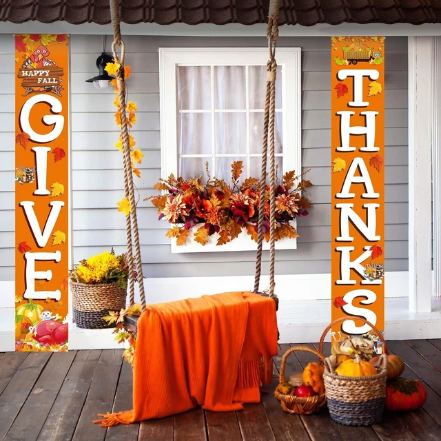 Alt view image 4 of 7 - GIVE THANKS Hanging Banner Porch Sign Autumn Pumpkin Maple Leaf Backdrop Flag Fall Harvest Welcome Banner For Indoor Outdoor Wall Door Decoration Thanksgiving Party Decorations 72"x12"