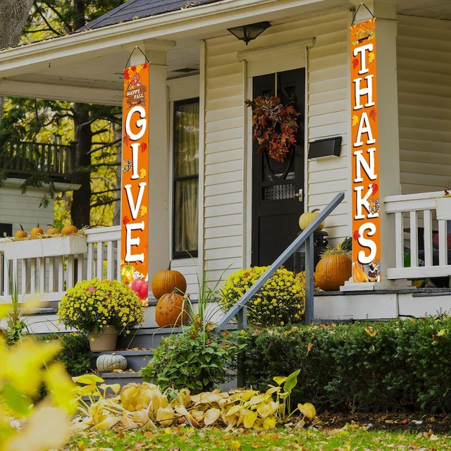 Alt view image 5 of 7 - GIVE THANKS Hanging Banner Porch Sign Autumn Pumpkin Maple Leaf Backdrop Flag Fall Harvest Welcome Banner For Indoor Outdoor Wall Door Decoration Thanksgiving Party Decorations 72"x12"