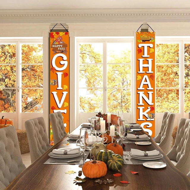 Alt view image 6 of 7 - GIVE THANKS Hanging Banner Porch Sign Autumn Pumpkin Maple Leaf Backdrop Flag Fall Harvest Welcome Banner For Indoor Outdoor Wall Door Decoration Thanksgiving Party Decorations 72"x12"