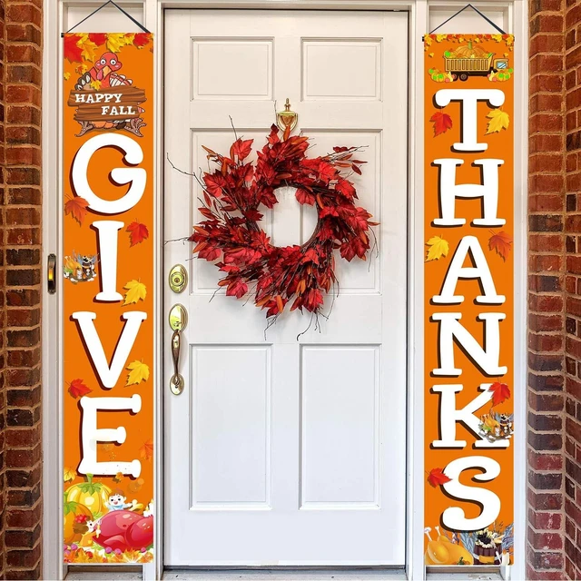 Alt view image 7 of 7 - GIVE THANKS Hanging Banner Porch Sign Autumn Pumpkin Maple Leaf Backdrop Flag Fall Harvest Welcome Banner For Indoor Outdoor Wall Door Decoration Thanksgiving Party Decorations 72"x12"