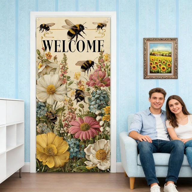 Alt view image 6 of 7 - seewan Spring Welcome Door Cover Decoration, 70.87" x 35.43" Door Banners for Front Door, Indoor and Outdoor Party Decoration, Hanging Doorway Decor for Home Entrance