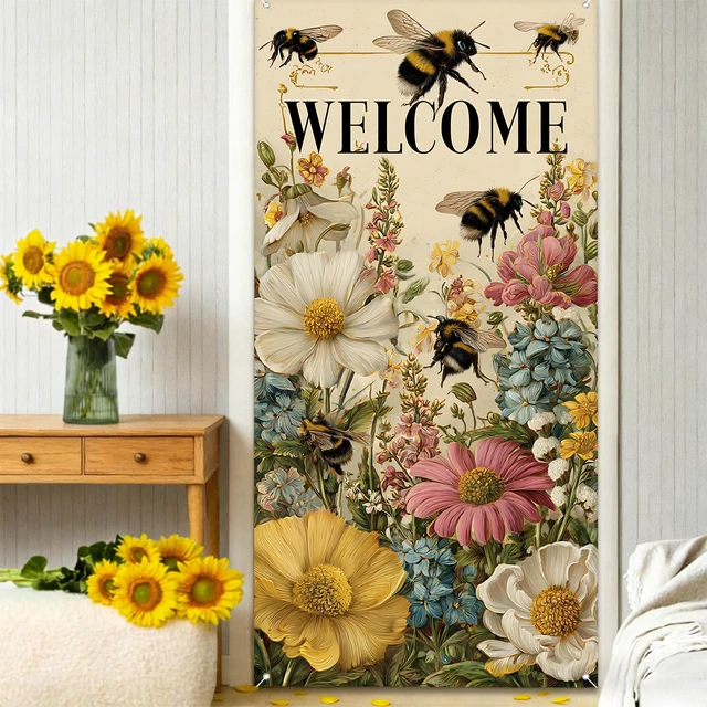 Alt view image 7 of 7 - seewan Spring Welcome Door Cover Decoration, 70.87" x 35.43" Door Banners for Front Door, Indoor and Outdoor Party Decoration, Hanging Doorway Decor for Home Entrance