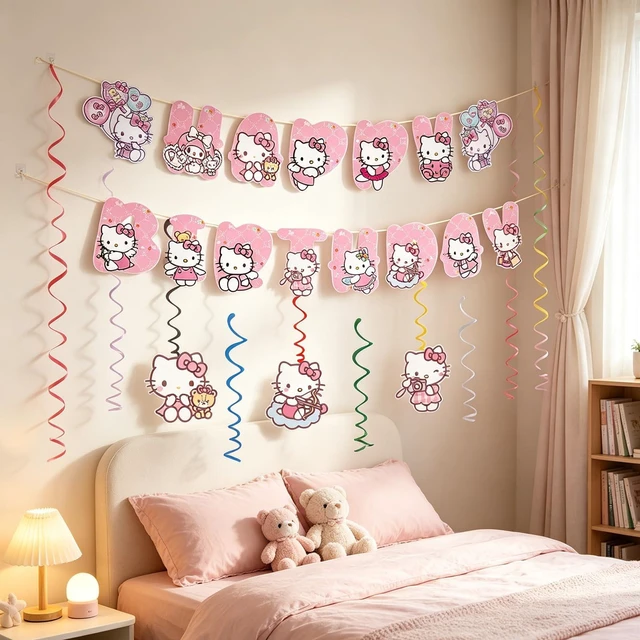 Alt view image 2 of 5 - Kitty Happy Birthday Banner, Party Decoration With 6 Vortex Decorative Pendants