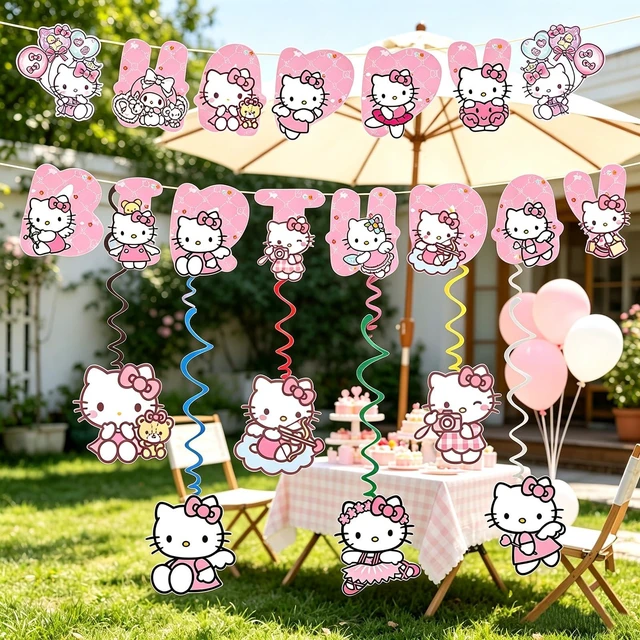 Alt view image 5 of 5 - Kitty Happy Birthday Banner, Party Decoration With 6 Vortex Decorative Pendants