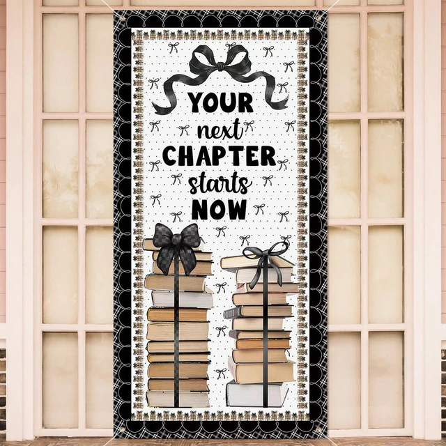 Main image of HunnmingRe Books and Bows Classroom Decor Black and White Classroom Decor | Back to School Door Decor, Black and White Banner Decorations, First Day of School Porch Sign for Party