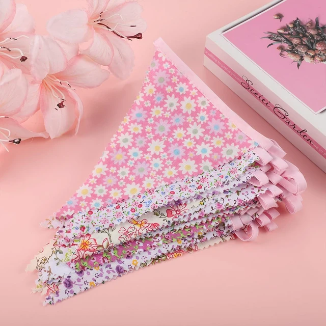 Alt view image 3 of 6 - 15M/50Ft Triangle Bunting Banner, 45 Pcs Pink Cotton Fabric Flags | 2 Pcs Vintage Garland Decorations for Baby Shower Birthday Garden Party Wedding Wall Decor