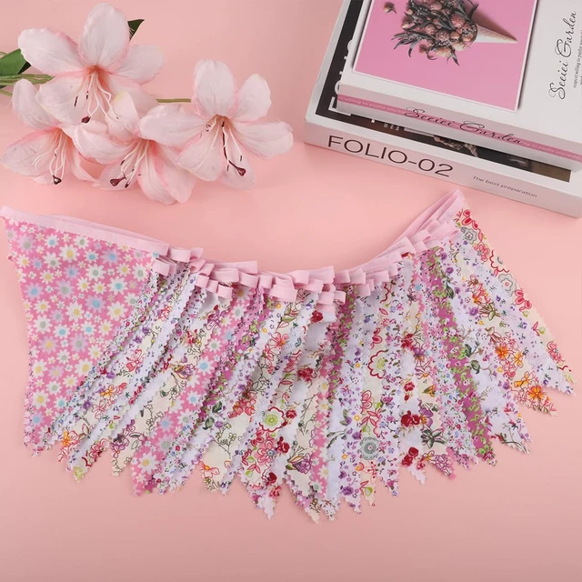 Alt view image 4 of 6 - 15M/50Ft Triangle Bunting Banner, 45 Pcs Pink Cotton Fabric Flags | 2 Pcs Vintage Garland Decorations for Baby Shower Birthday Garden Party Wedding Wall Decor