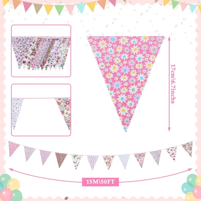Alt view image 2 of 6 - 15M/50Ft Triangle Bunting Banner, 45 Pcs Pink Cotton Fabric Flags | 2 Pcs Vintage Garland Decorations for Baby Shower Birthday Garden Party Wedding Wall Decor
