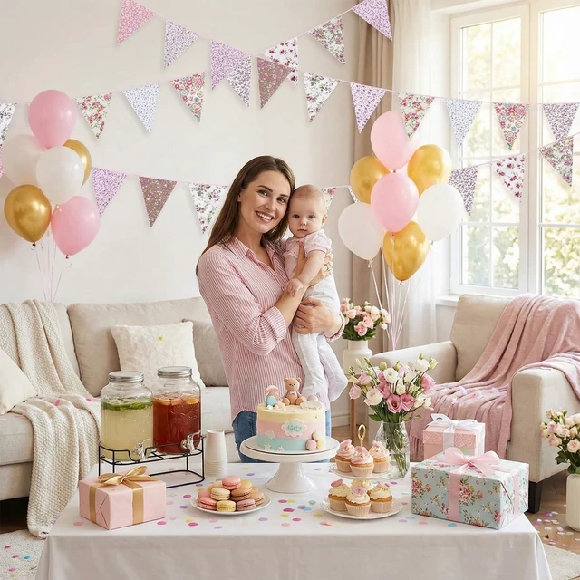 Alt view image 5 of 6 - 15M/50Ft Triangle Bunting Banner, 45 Pcs Pink Cotton Fabric Flags | 2 Pcs Vintage Garland Decorations for Baby Shower Birthday Garden Party Wedding Wall Decor