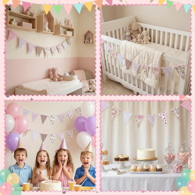 Alt view image 6 of 6 - 15M/50Ft Triangle Bunting Banner, 45 Pcs Pink Cotton Fabric Flags | 2 Pcs Vintage Garland Decorations for Baby Shower Birthday Garden Party Wedding Wall Decor