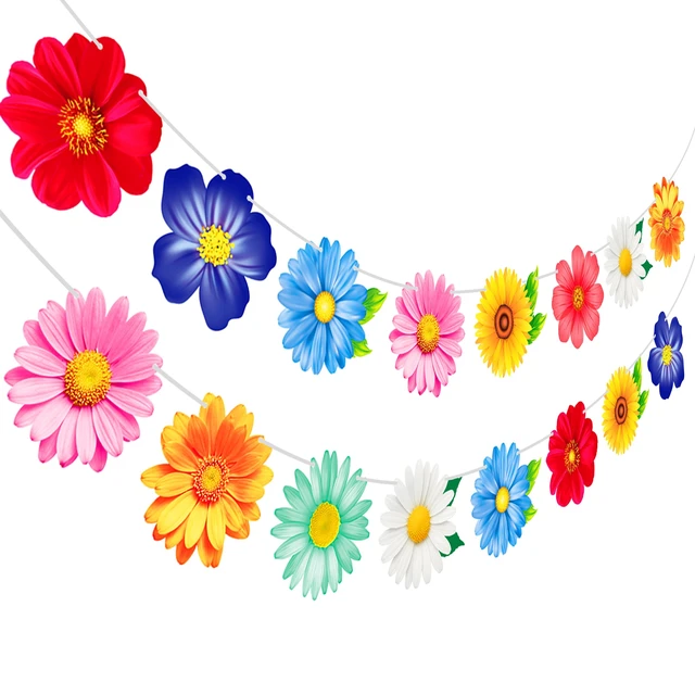 Alt view image 2 of 7 - 2pcs Colorful Summer Daisy Flower Banners Garland Floral Buntings, Spring Flower Hanging Decor for Birthday Baby Shower Wedding Summer Garden Pool Party Supplies
