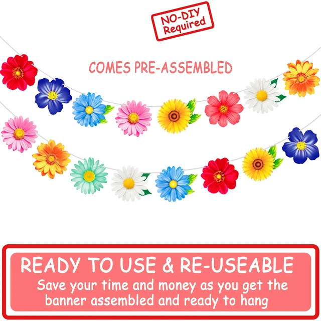 Alt view image 5 of 7 - 2pcs Colorful Summer Daisy Flower Banners Garland Floral Buntings, Spring Flower Hanging Decor for Birthday Baby Shower Wedding Summer Garden Pool Party Supplies