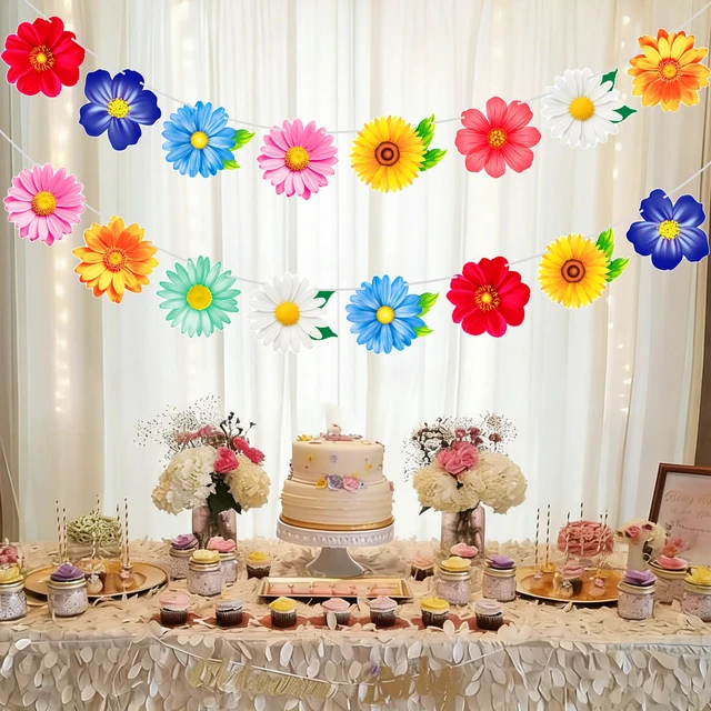 Alt view image 7 of 7 - 2pcs Colorful Summer Daisy Flower Banners Garland Floral Buntings, Spring Flower Hanging Decor for Birthday Baby Shower Wedding Summer Garden Pool Party Supplies