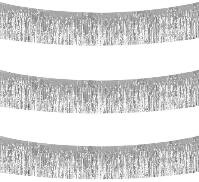 Main image of Silver Fringe Garland Banner 3Pack 30ft Wall Tinsel Foil Streamers | Hanging Shiny tinsel Metallic garland for graduation,Car floats,Bridal shower,Wedding,Birthday,Halloween,Christmas