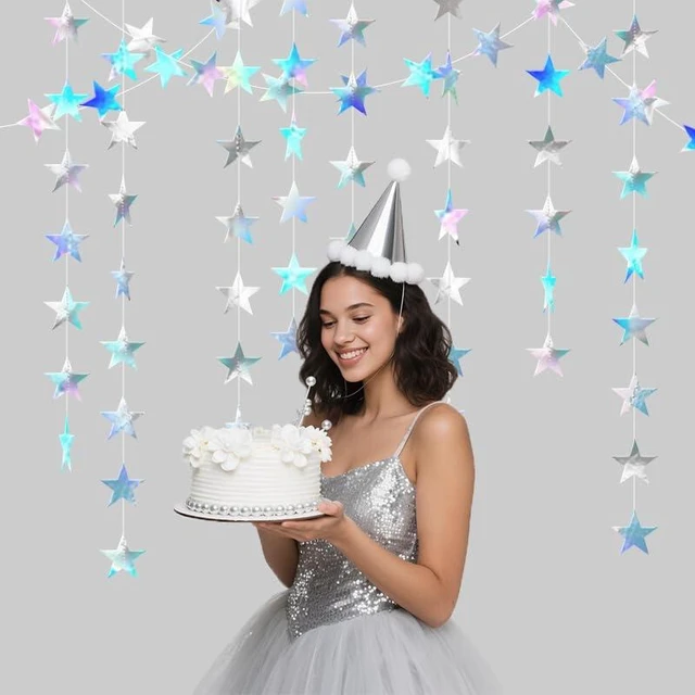 Alt view image 5 of 7 - Iridescent Shining Star Hanging Garland Iridescent Hanging Sparkling Star Streamer Glitter Bunting Banner Twinkle Backdrop for Wedding Baby Shower Birthday Christmas Decorations 40 Feet