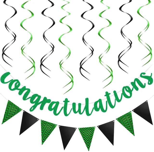 Main image of Outus Congratulations Banner with Triangle Flag 12 Swirls,Black, Green | Pre-strung Glitter Sign, Gold Foil Swirls for Promotion Graduation Retirement Wedding Anniversary Party Celebration Decor