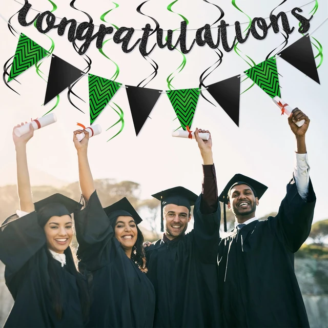 Alt view image 4 of 6 - Outus Congratulations Banner with Triangle Flag 12 Swirls,Black, Green | Pre-strung Glitter Sign, Gold Foil Swirls for Promotion Graduation Retirement Wedding Anniversary Party Celebration Decor