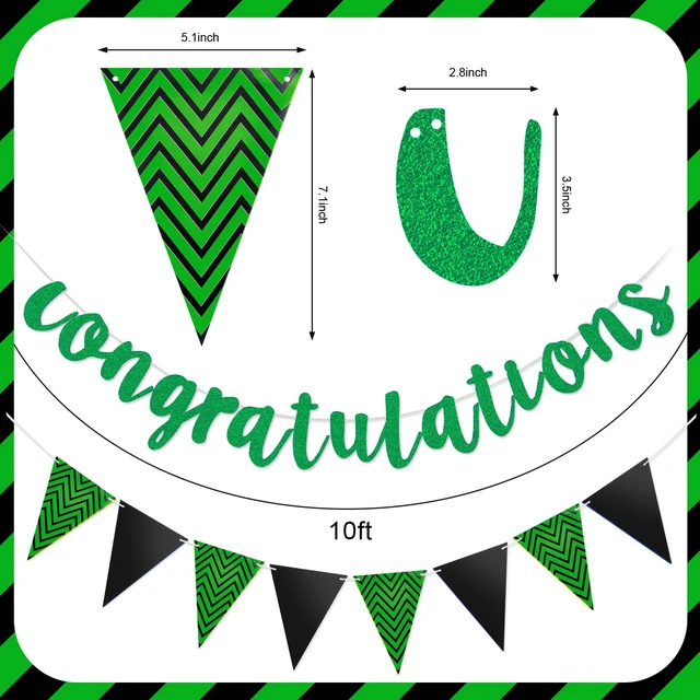 Alt view image 3 of 6 - Outus Congratulations Banner with Triangle Flag 12 Swirls,Black, Green | Pre-strung Glitter Sign, Gold Foil Swirls for Promotion Graduation Retirement Wedding Anniversary Party Celebration Decor