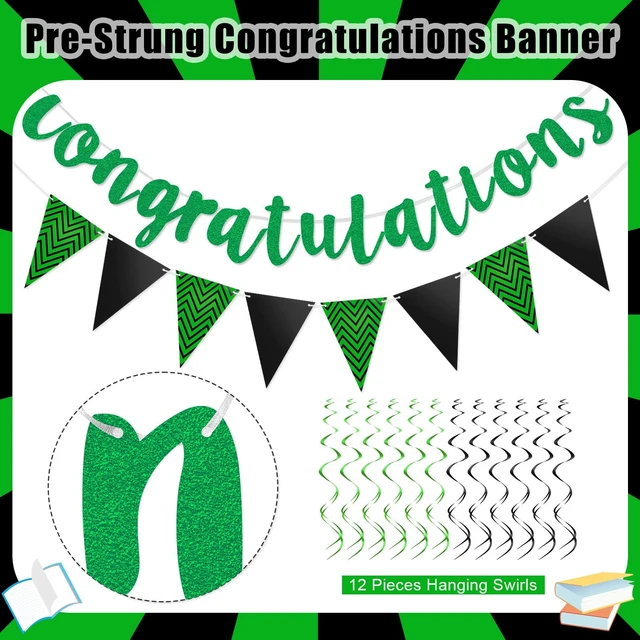 Alt view image 2 of 6 - Outus Congratulations Banner with Triangle Flag 12 Swirls,Black, Green | Pre-strung Glitter Sign, Gold Foil Swirls for Promotion Graduation Retirement Wedding Anniversary Party Celebration Decor
